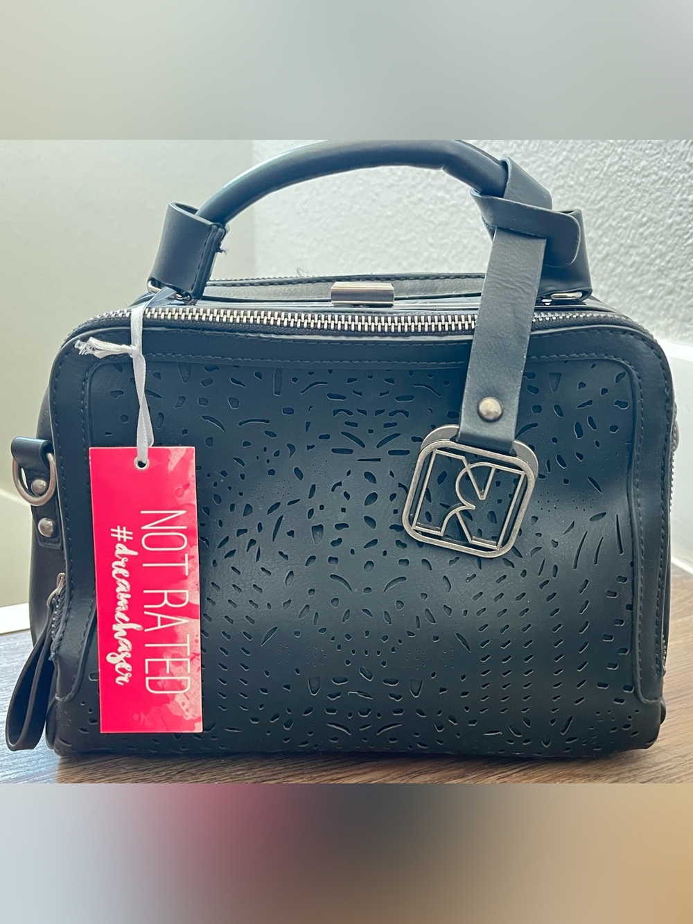 Not Rated Black Laser-Cut Box Satchel with Logo Buckle
